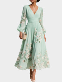 Anastasia™ | Midi šaty z chiffon s V výstřihem a světle zeleným květinovým potiskem